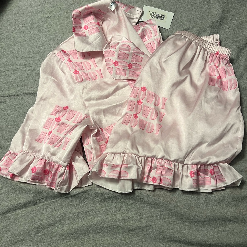 Pink Satin 'Howdy' Ruffle Pajama Set